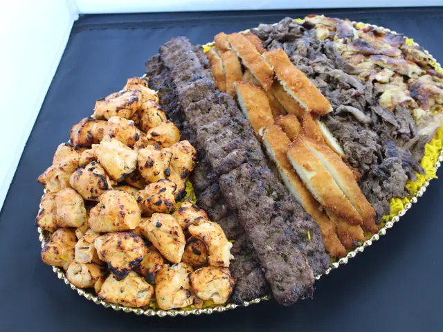 Platter of kabob, beef and chicken shawarma and chicken tikka over saffron rice